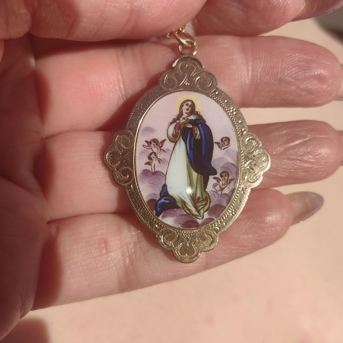 Antique 14K Gold Virgin Mary Pendant: Hand-Painted Enamel Art Nouveau