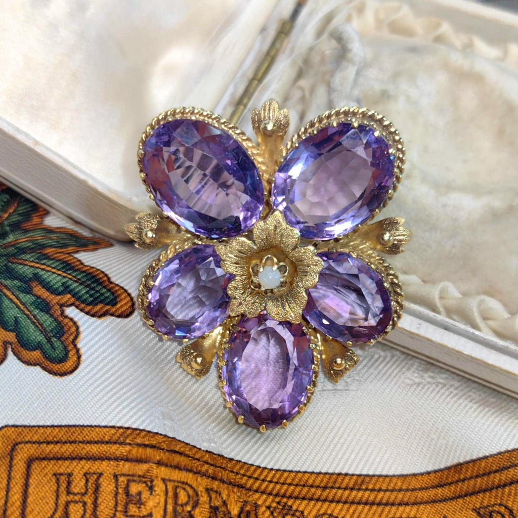 Victorian Amethyst Pearl Floral Pendant Brooch, Gold Plated Silver (1880s)