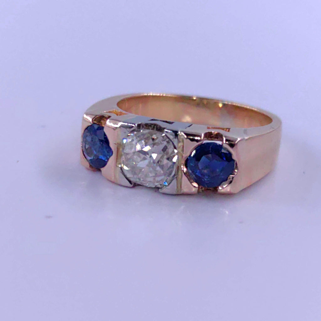 Art Deco 14k Gold Ring: .85ct Old European Cut Diamond & Sapphire