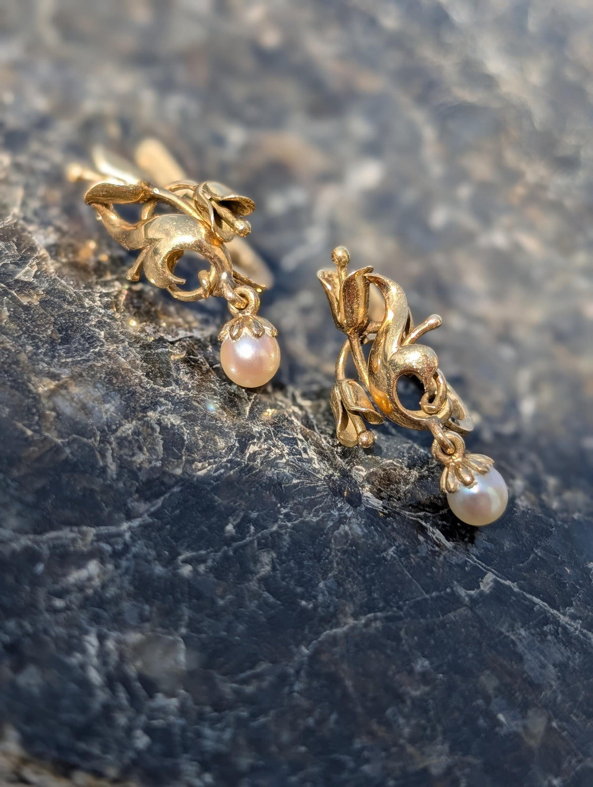 Art Deco 1920s Pearl Yellow Gold Earrings, 18k Gold Dangle Floral Earrings, Antique Vintage Floral Dangle Earrings, Gift for Her