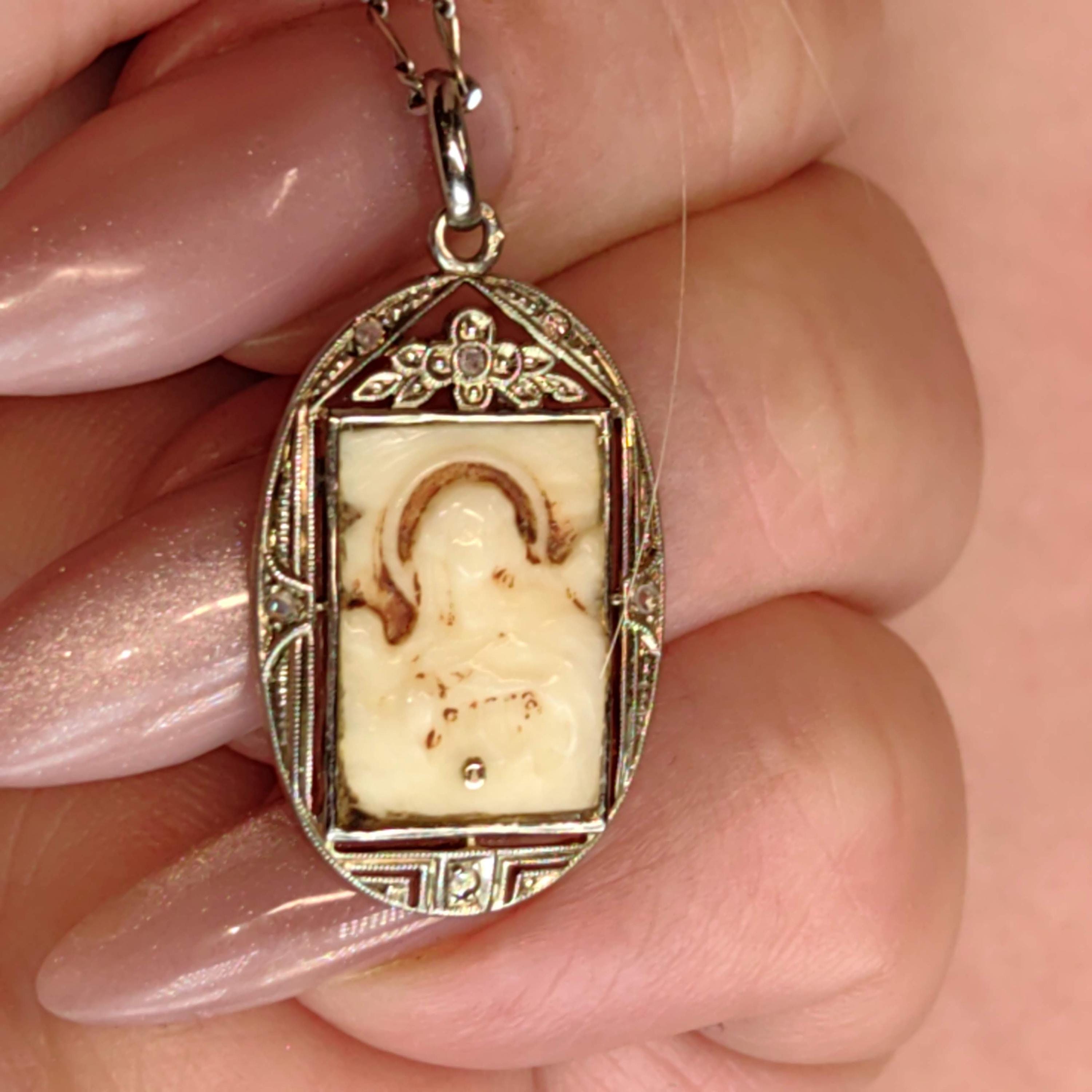 Vintage 1930s Diamond Bone Hand Carved Cameo 18k Gold Saint Portrait Medal Catholic Antique Present