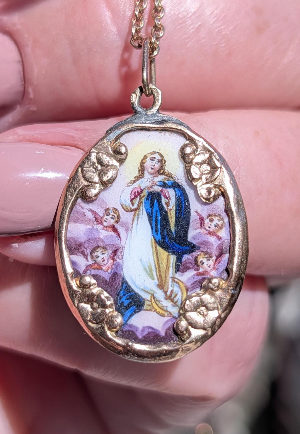 Antique 14k Gold Virgin Mary Pendant Hand Painted Enamel Religious Medal Catholic Charm Madonna Necklace Gift