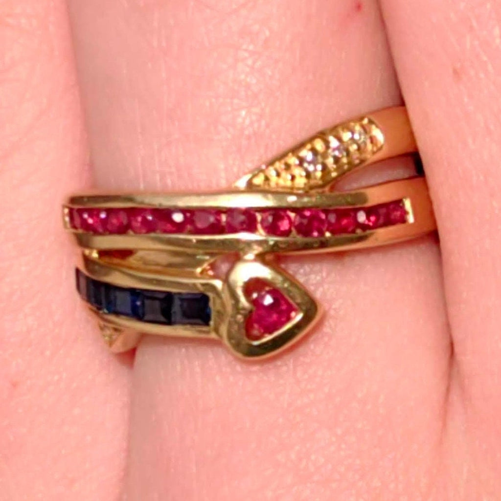 Vintage 18k Gold Snake Ring: Ruby, Sapphire & Diamond Statement Jewelry