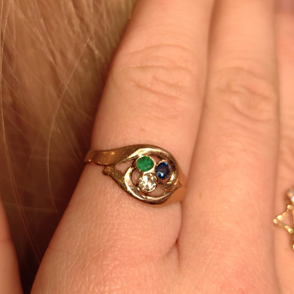 1900s Art Nouveau Natural Emerald Sapphire Diamond 14k Solid Yellow Rose Champagne Gold Vintage Antique Three Stone Elegant Engagement Ring