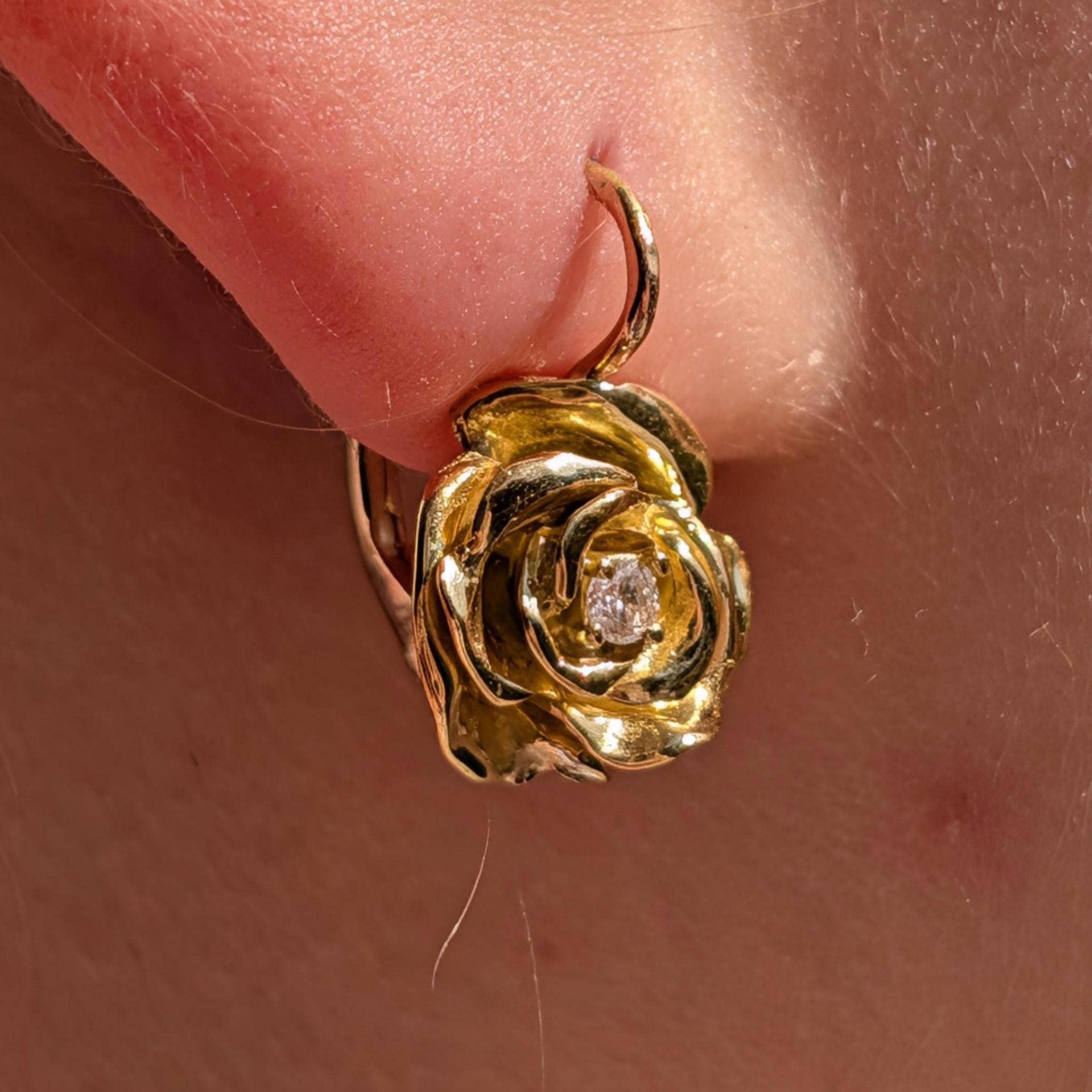 Vintage 18k Yellow Gold Rose Flower Diamond Sleeper Earrings, Handmade Petal by Petal Romantic Feminine Floral Earrings Gift for Her