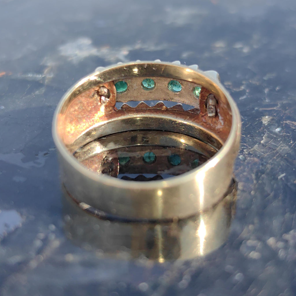 Original Mid century Antique Vintage Genuine Emerald Solid Yellow Gold and Silver Setting Elegant Stackable Band Ring