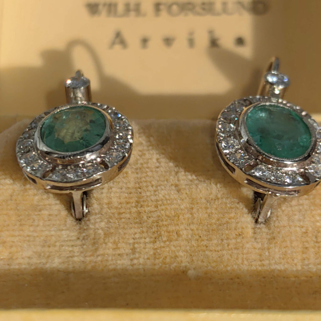 Mid Century 1950s Genuine High Quality Green Emeralds and Diamond Earrings  14k Solid White Gold Sleepers Dangle Earrings gift for her