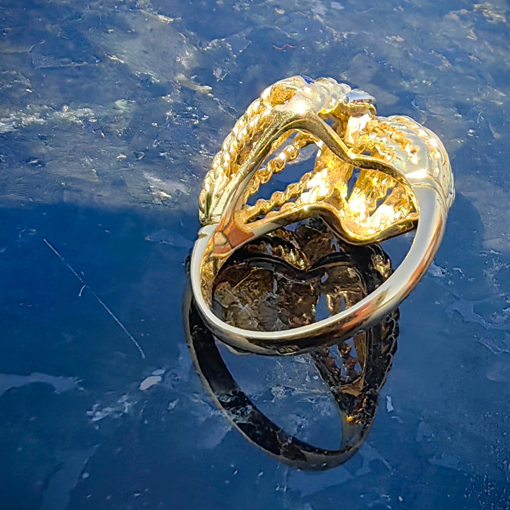 Vintage Antique Diamond Gold Blue Fire Enamel Statement Ring