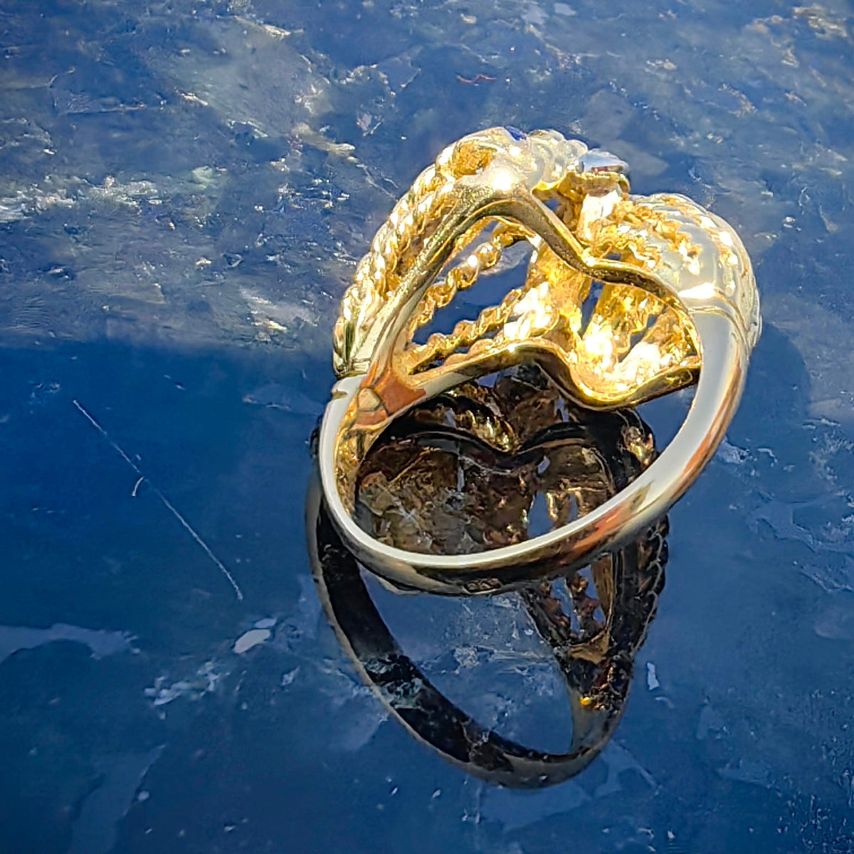 Vintage Antique Diamond Gold Blue Fire Enamel Statement Ring