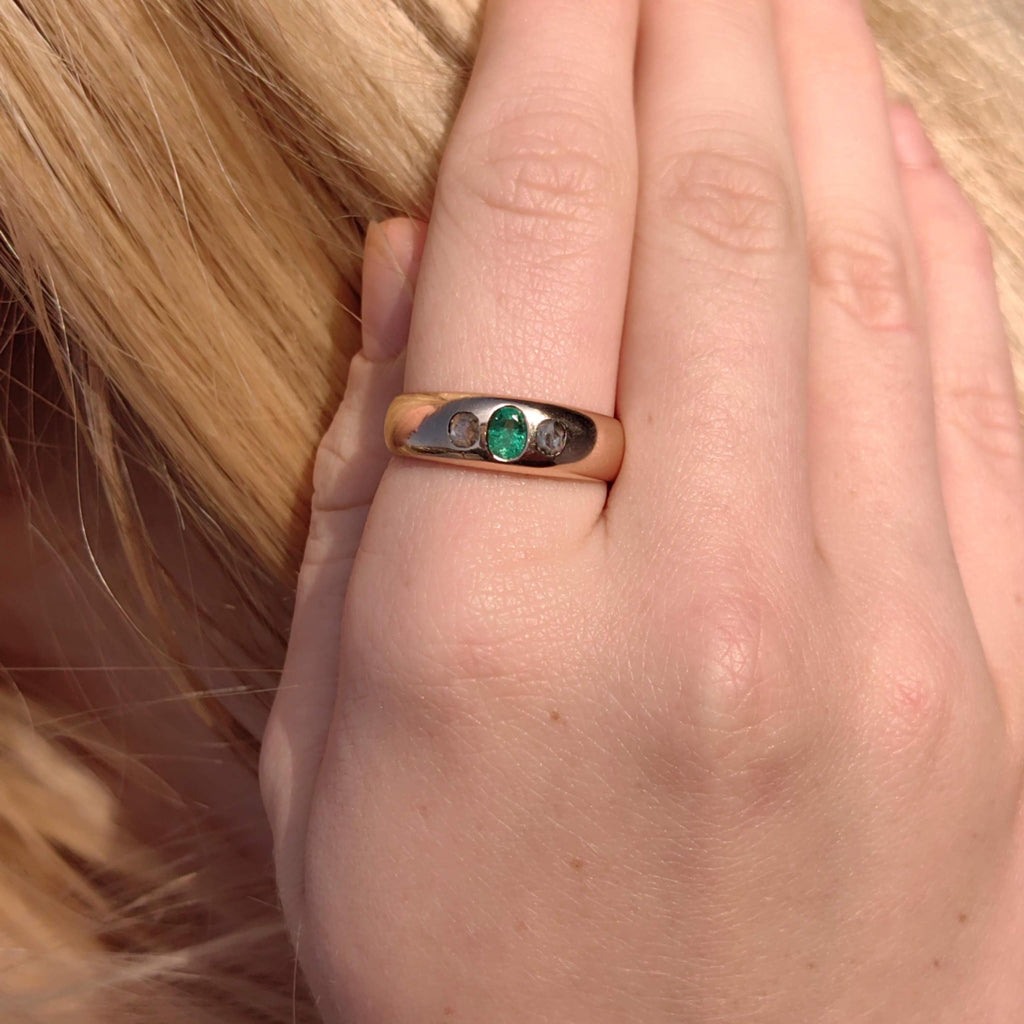 Victorian Emerald & Diamond Ring: 14k Yellow Gold Bezel Setting
