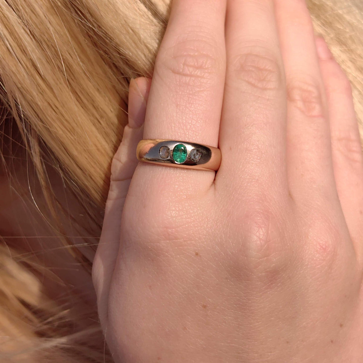 Victorian Emerald & Diamond Ring: 14k Yellow Gold Bezel Setting