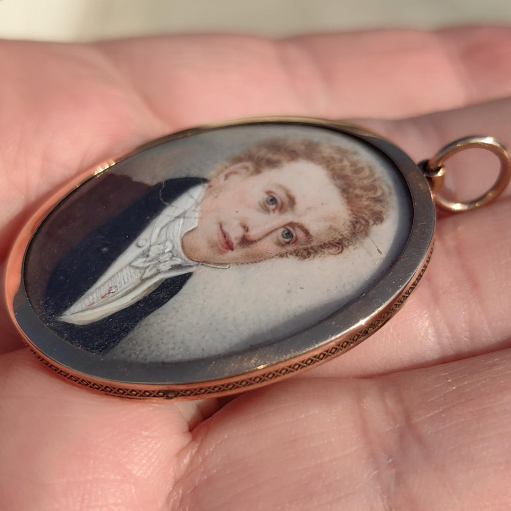Antique Hand-Painted Floral Portrait Pendant - 1800s Miniature