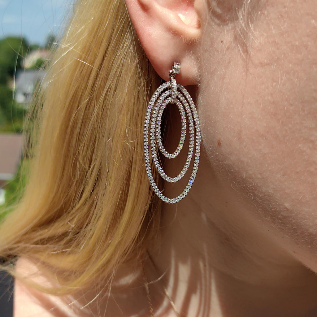 Natural Diamond Dangle 14k White Gold Pave Setting Earrings Elegant Wedding Jewelry Statement Large Oval Drop Dangle Earrings