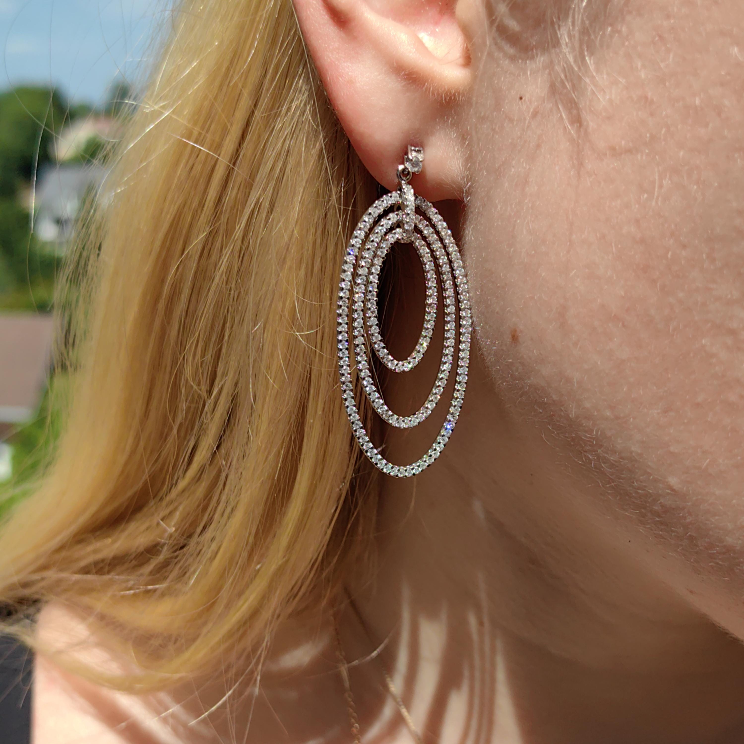 Natural Diamond Dangle 14k White Gold Pave Setting Earrings Elegant Wedding Jewelry Statement Large Oval Drop Dangle Earrings