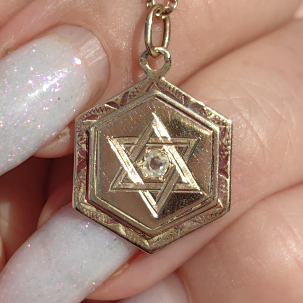 Diamond 14k Solid Yellow Gold Davids Star Jewish Judaica Vintage Antique Elegant Hand Carved Chiseled Pendant Charm Gift for Her