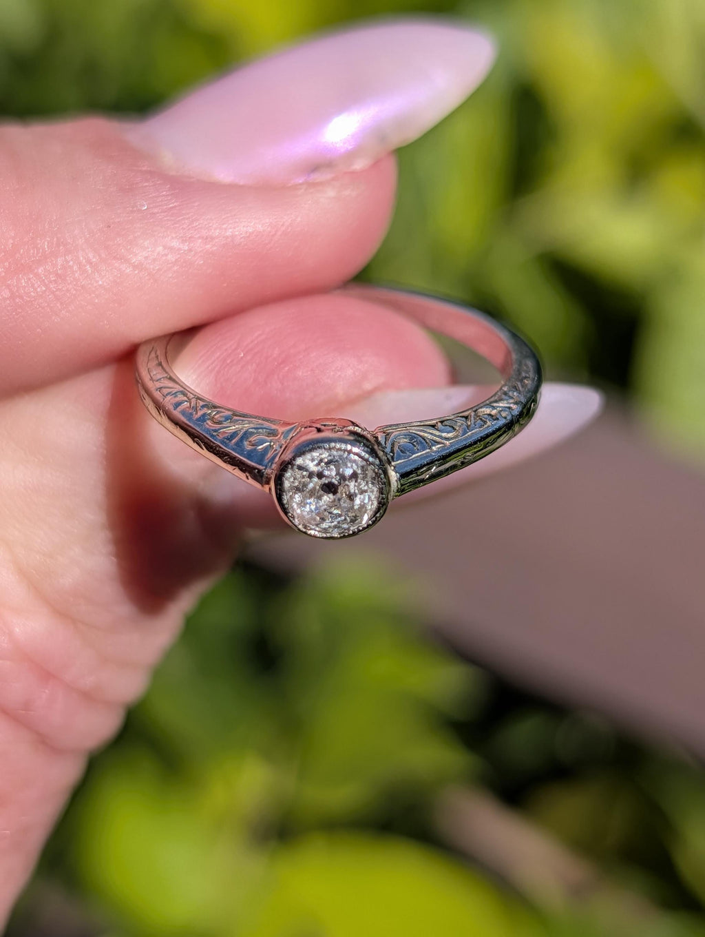 Antique Edwardian Art Nouveau Diamond Solitaire Engagement Ring, 14k Gold Old European Cut Bud Bezel Hand Engraved Ring