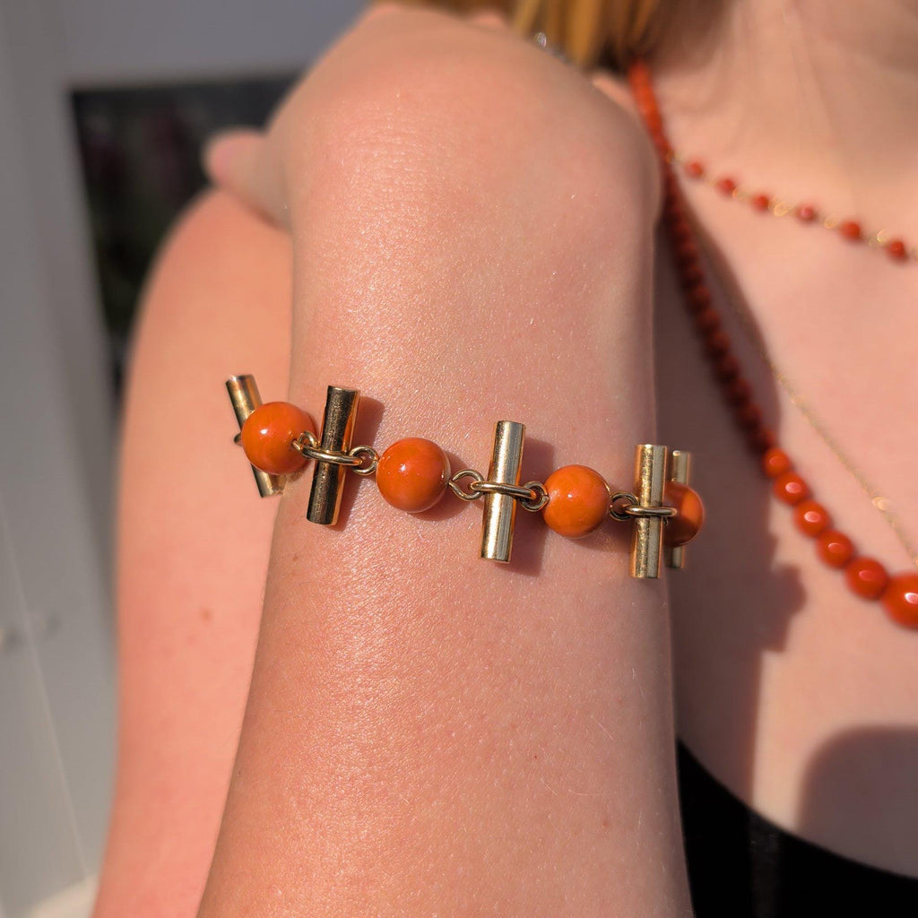 Antique 18kt Champagne Gold Natural Coral Bracelet, Hungarian Import Hallmarked Chain, Red Orange Mediterranean Coral Chic Boho Gift Her Him