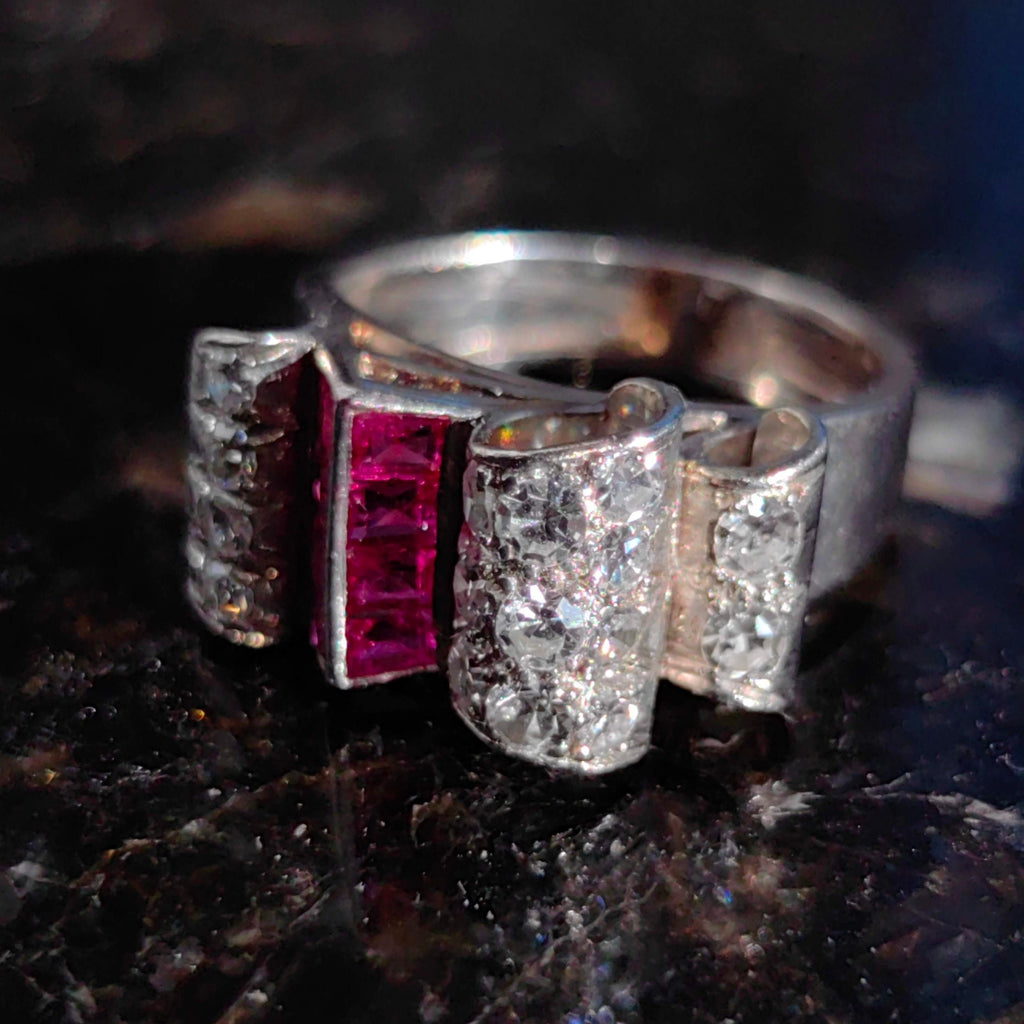 1930s Art Deco Platinum Ring: Ruby Diamond Chevalier Statement Ring