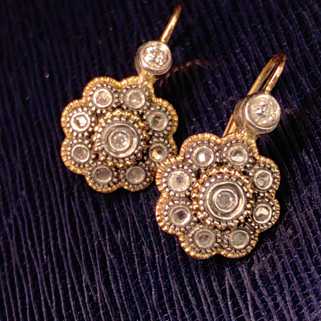Art Deco 1920s Antique Vintage Natural Diamond in Silver Setting 14k Solid Yellow Rose Gold Statement Earrings