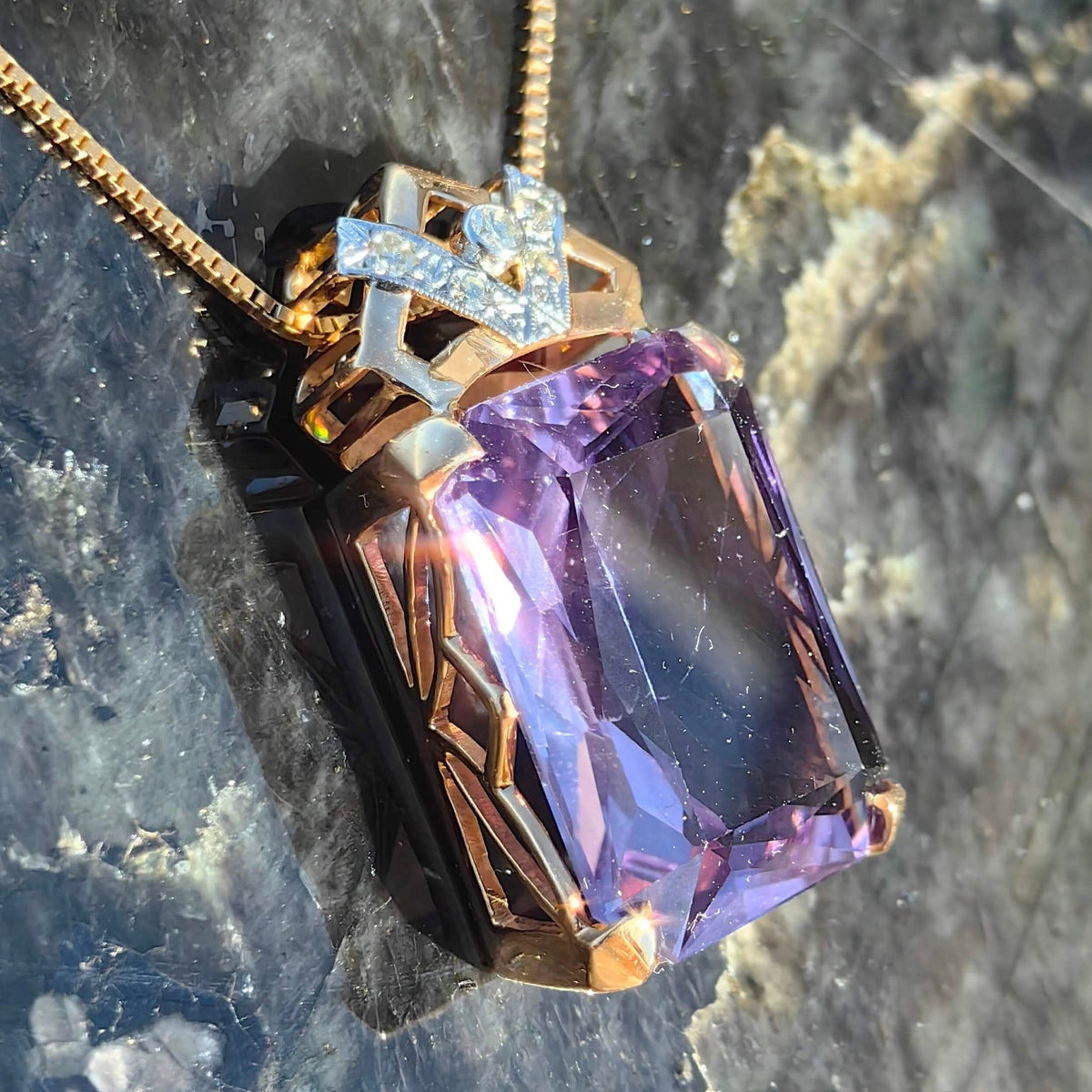 Art Deco Antique Vintage Amethyst and Diamond Gold Statement Pendant