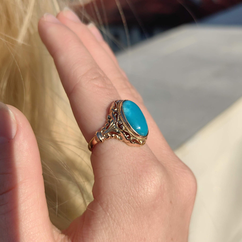 Vintage 14k Solid Yellow Gold Natural Blue Turquoise Ring, Antique 1930s Hand Chiseled Statement Jewelry Gift for Her