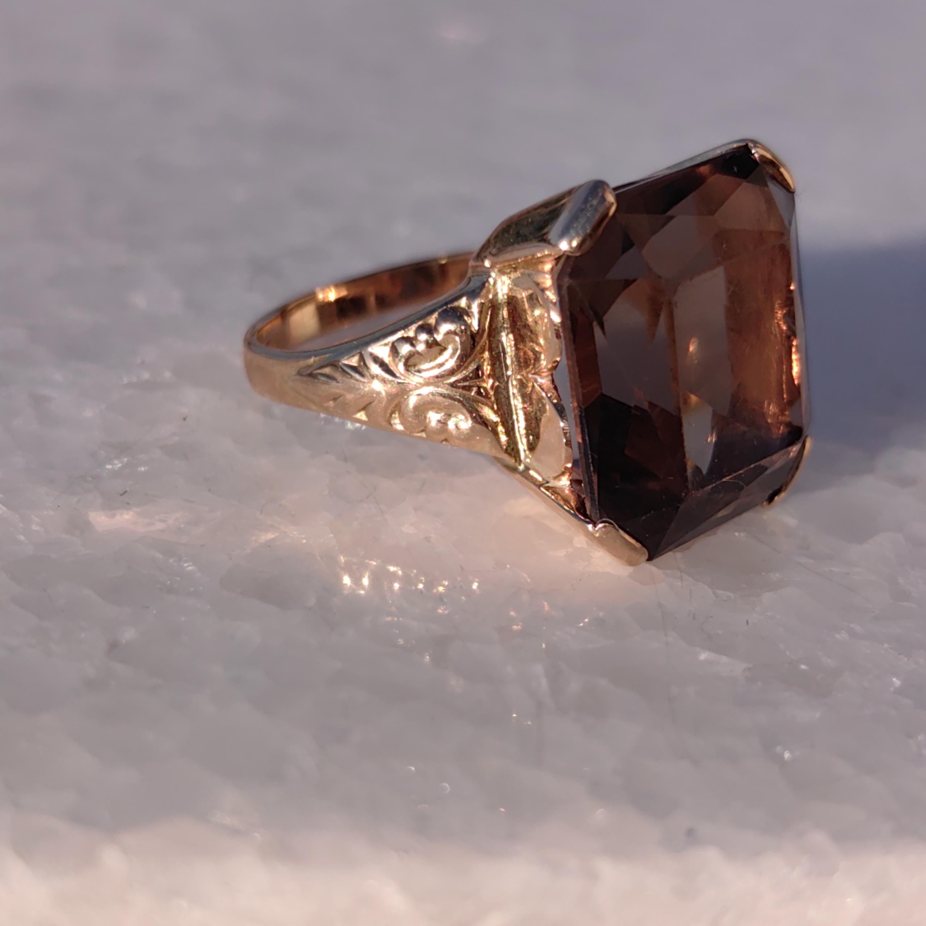Smoky Topaz Art Deco Ring: 14k Yellow Gold, 1940s Statement