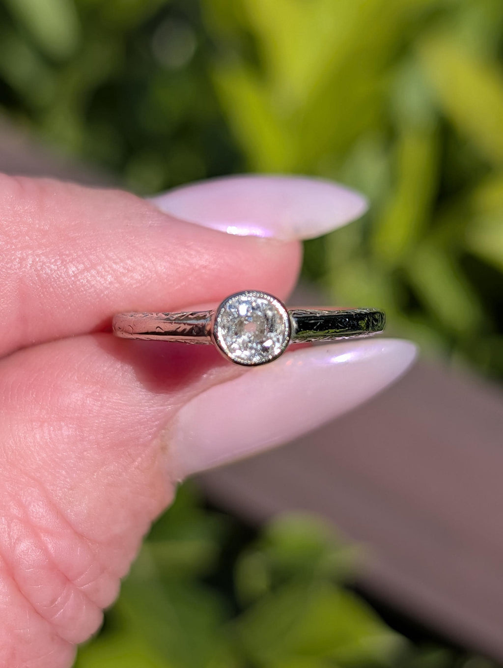 Antique Edwardian Art Nouveau Diamond Solitaire Engagement Ring, 14k Gold Old European Cut Bud Bezel Hand Engraved Ring