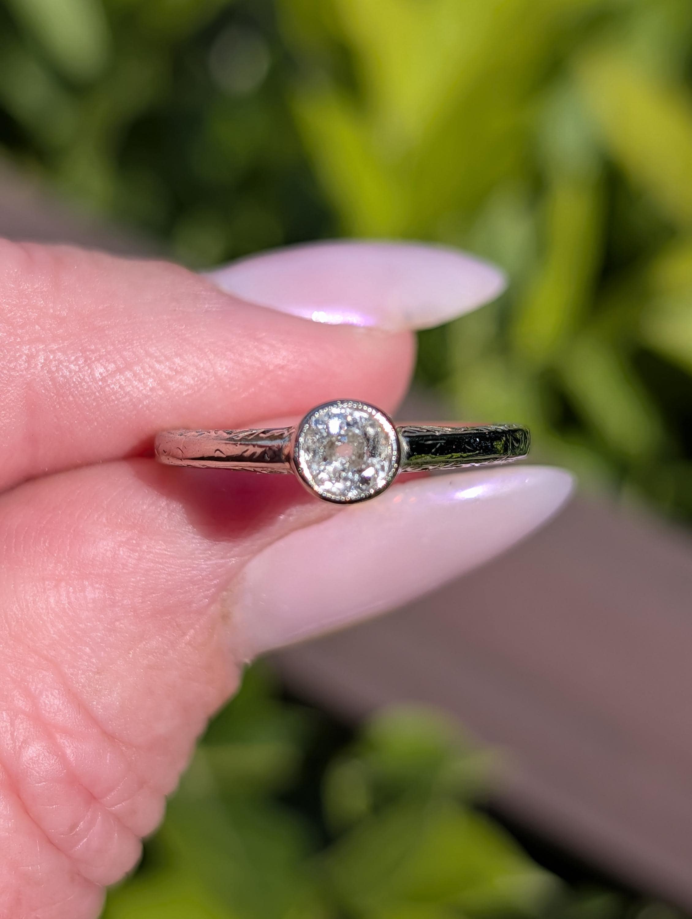 Antique Edwardian Art Nouveau Diamond Solitaire Engagement Ring, 14k Gold Old European Cut Bud Bezel Hand Engraved Ring