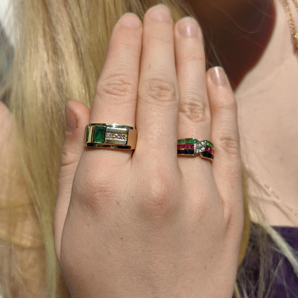 14k Yellow Gold Emerald & Diamond Ring: 1980s Geometric Statement