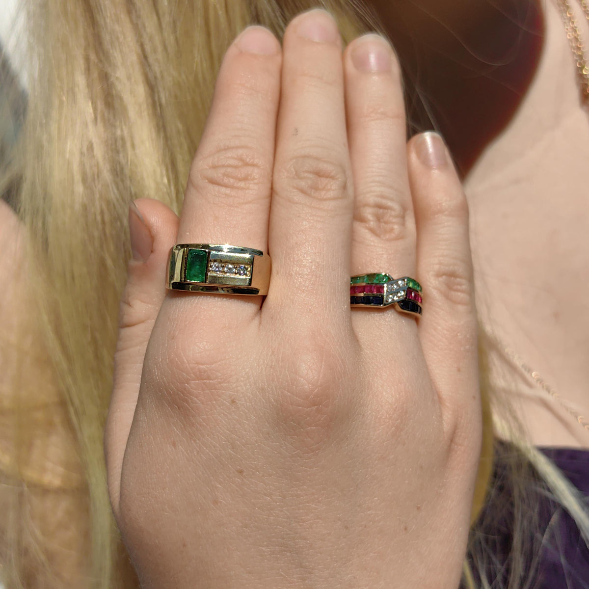 14k Yellow Gold Emerald & Diamond Ring: 1980s Geometric Statement
