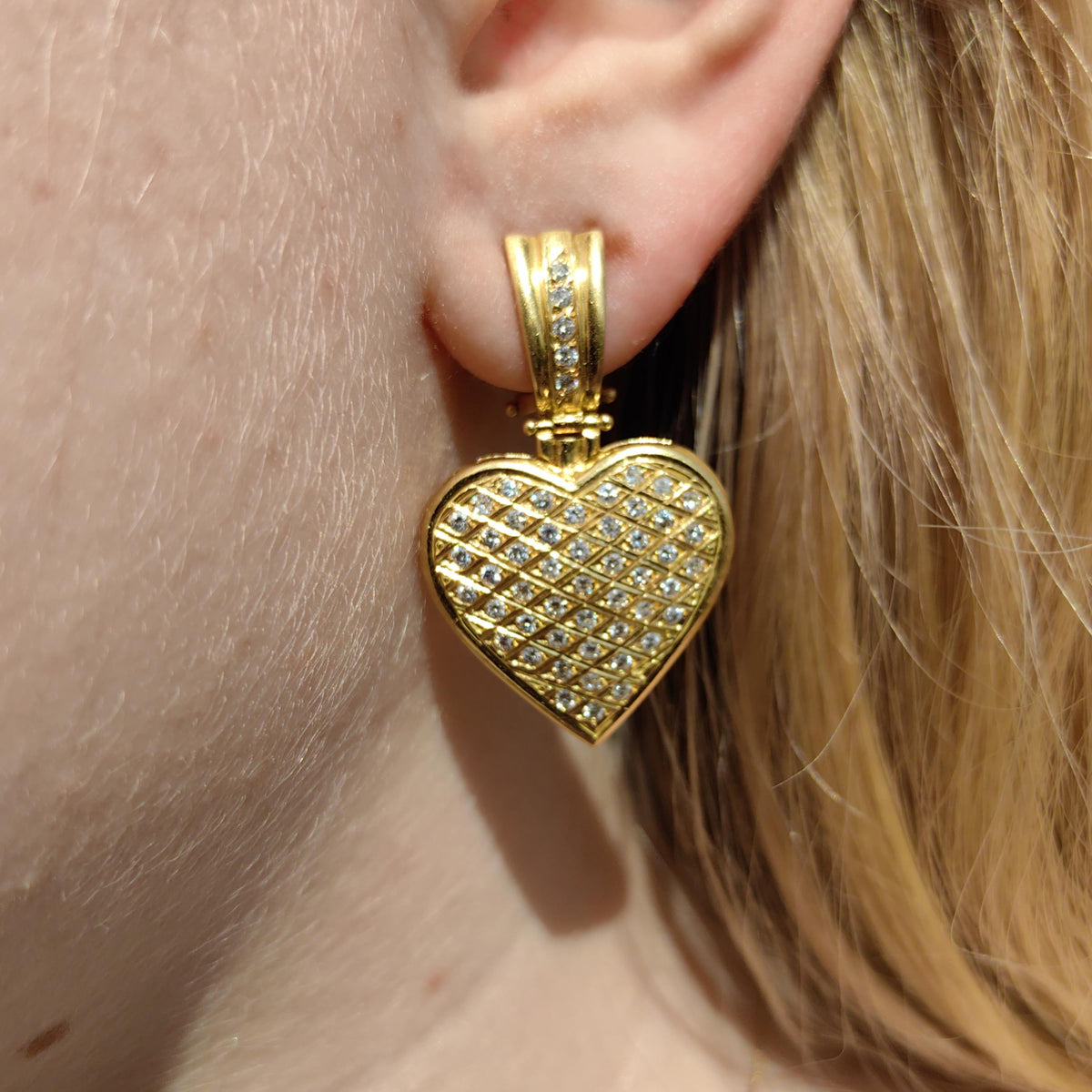 Antique Diamond Heart Earrings: 18k Yellow Gold Dangle Earrings