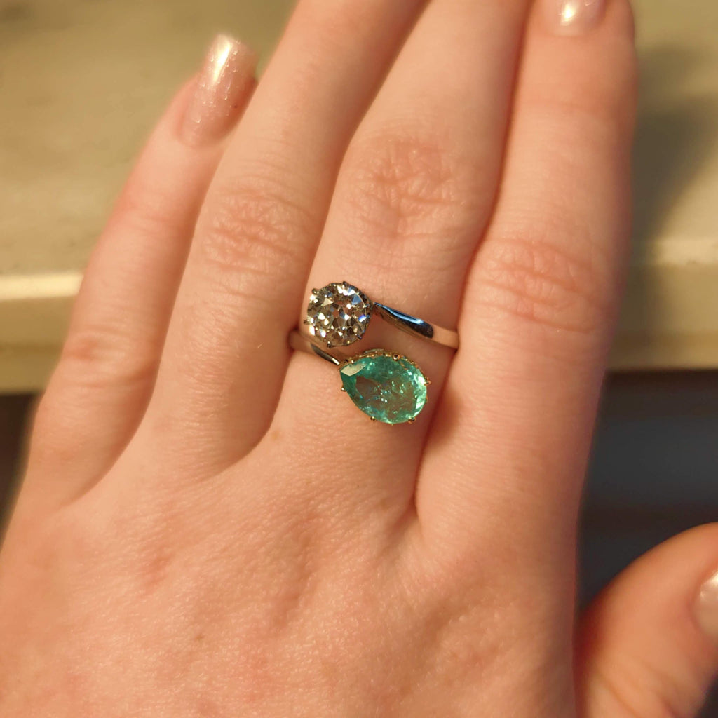 Edwardian Colombian Emerald Diamond Ring: 18k White Gold Antique Engagement Band