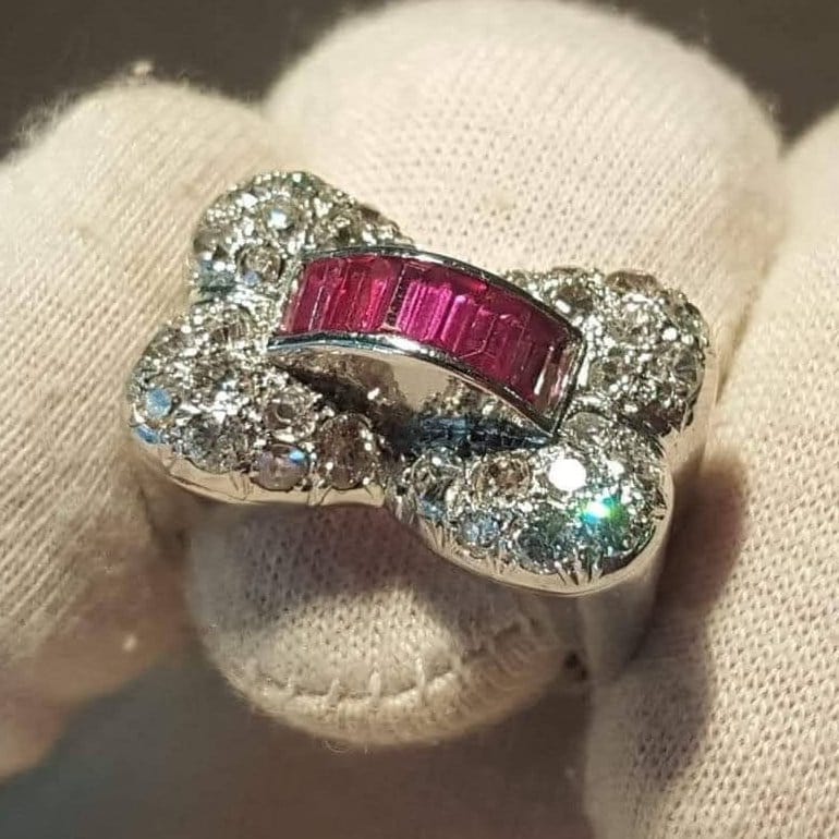 Art Deco Platinum Ruby Diamond Ring: 1930s Vintage Cocktail Ring