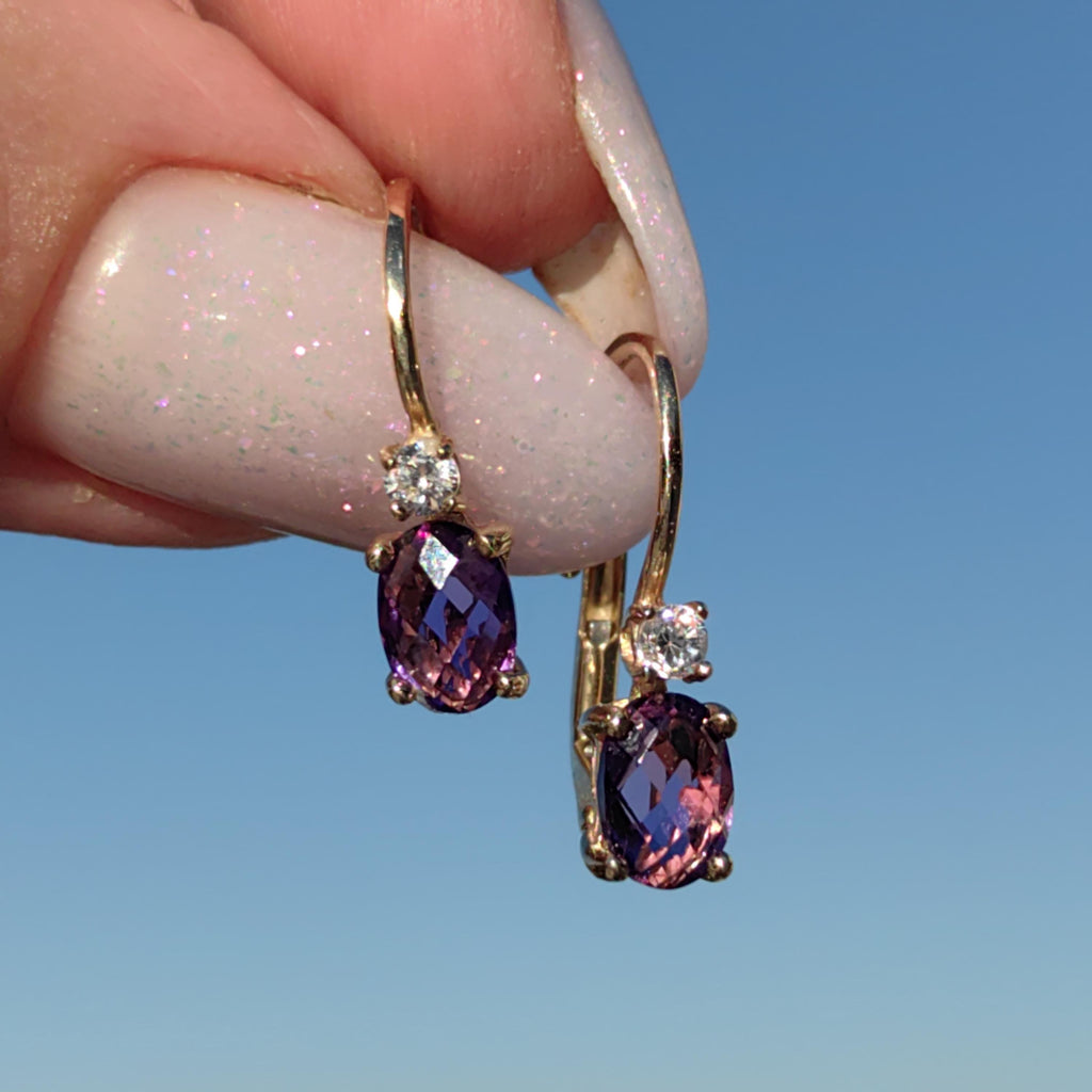 Vintage 14k Gold Amethyst & Diamond Drop Earrings: 1950s Dormeuse Sleepers