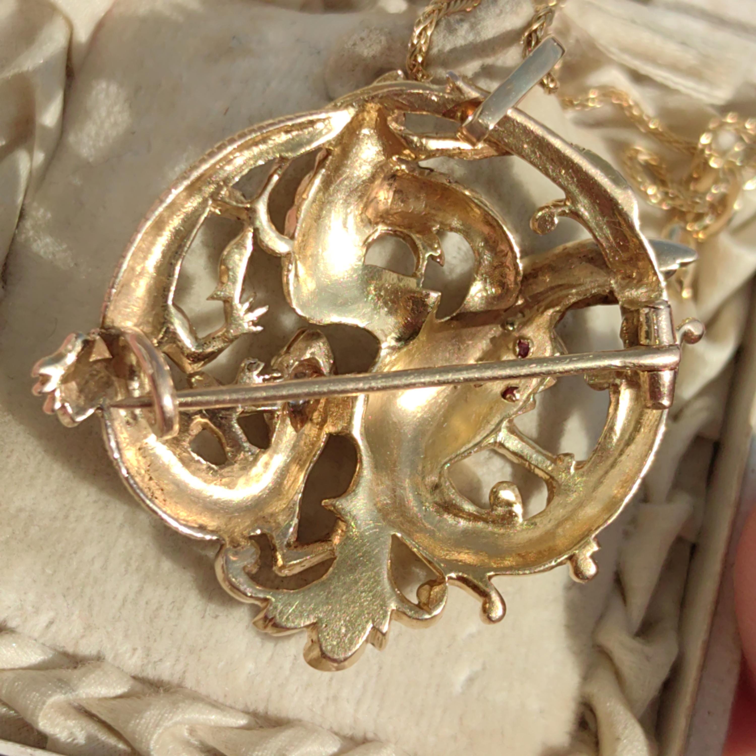 Diamond Emerald Ruby Solid 18k Yellow Gold Griffin Salamander Snake Ritual Magical Statement Pendant Charm Antique Vintage Gift for Her Him