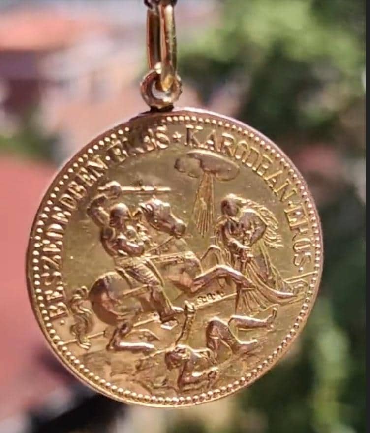 Saint George & Ladislaus 14K Gold Medal Pendant - Vintage Hungarian Coin
