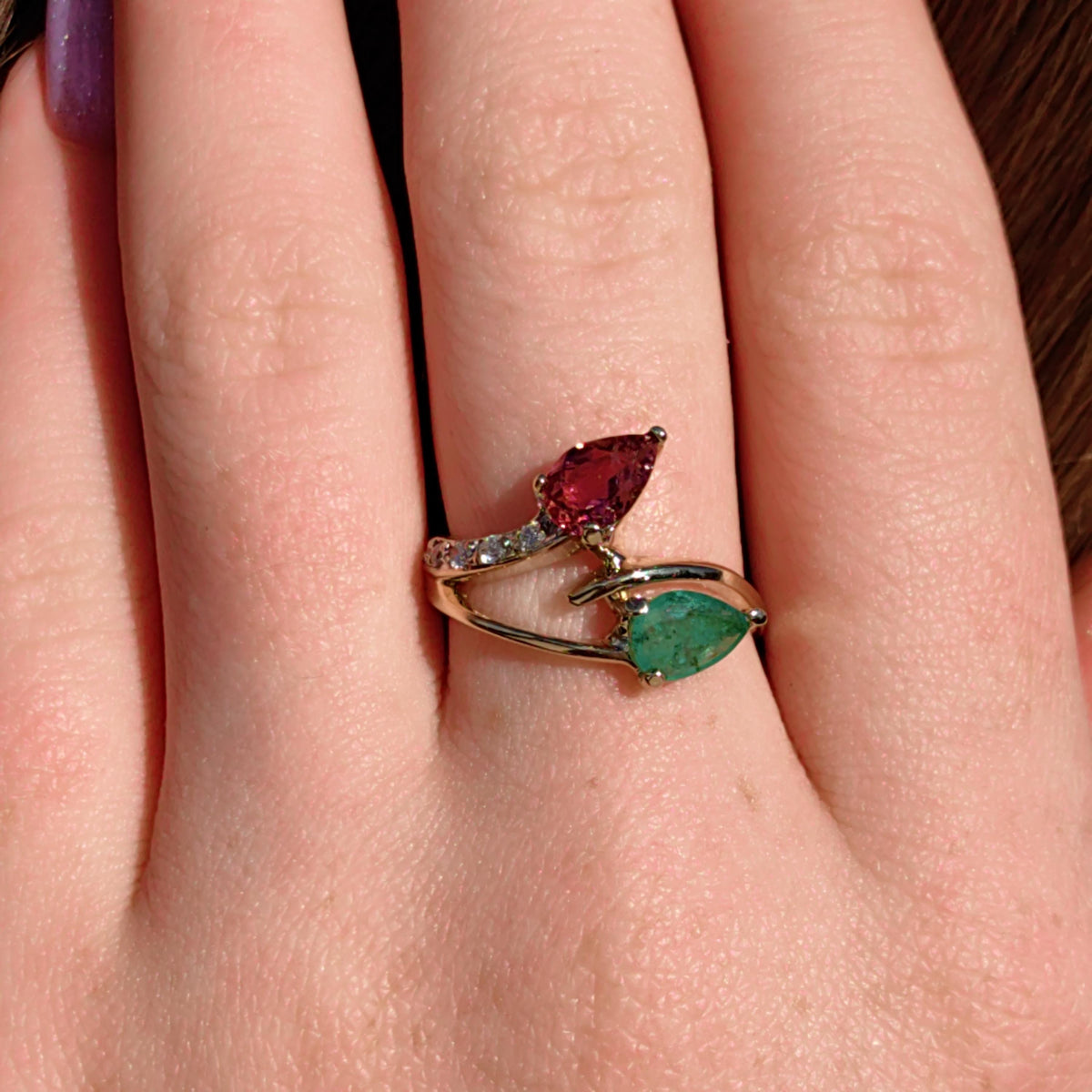 Vintage 14k Yellow Gold Tutti-Frutti Ring: Emerald, Tourmaline & Diamond Bypass
