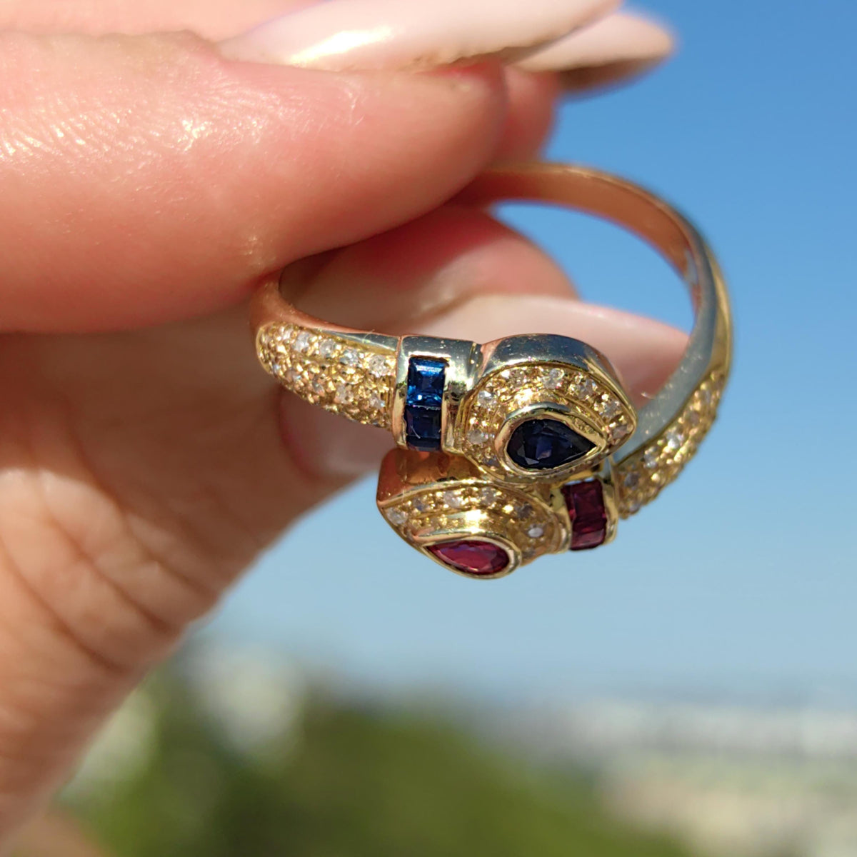 Vintage 18k Gold Snake Ring: Ruby, Sapphire & Diamond Accent