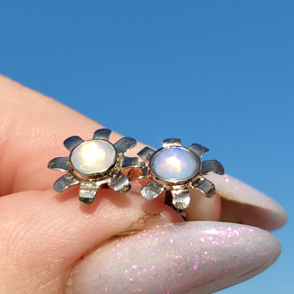 Vintage 14k Gold Opal Flower Stud Earrings: Art Nouveau Floral Design