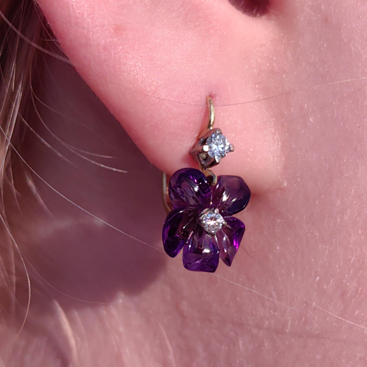 Natural Amethyst and Diamond 18k Solid Gold Flower Sleepers Dormeuse Vintage Antique 1950s Elegant Purple Crystal Earrings Gift for Her