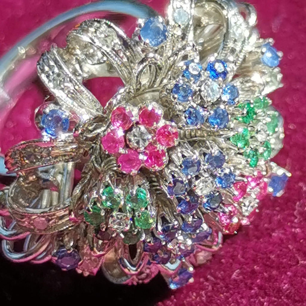 Emerald Diamond Ruby and Sapphire Solid Gold Tutti-Frutti Floral Design Colorful Ring