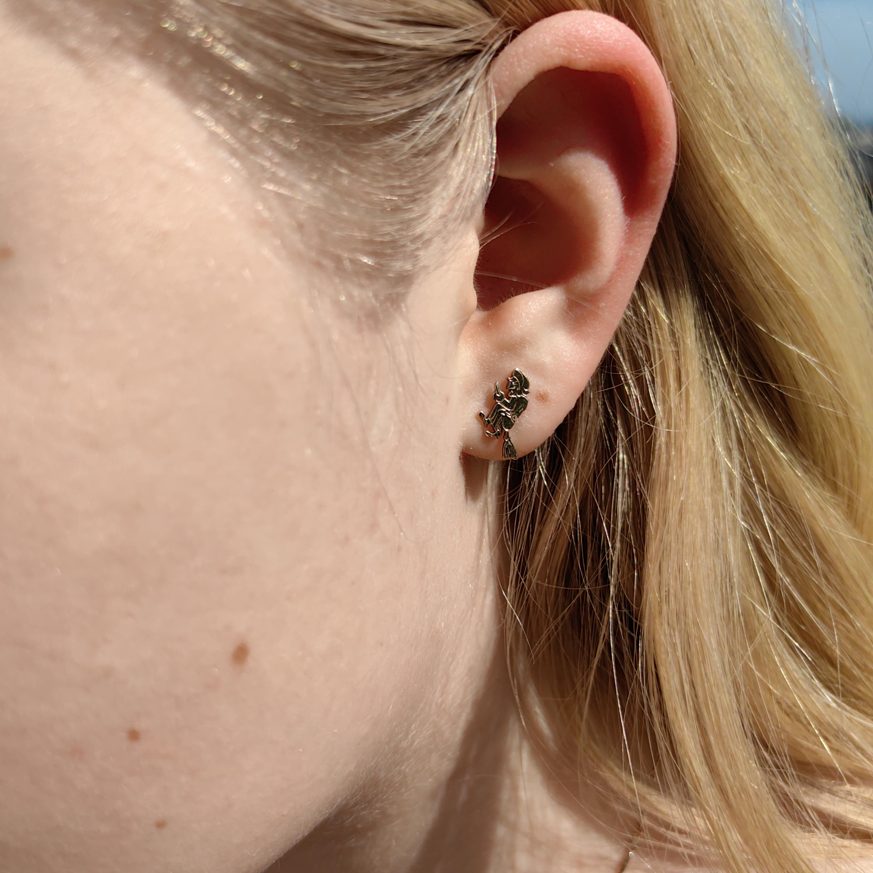 14k Gold Witch Broom Earrings: Antique Mystical Studs