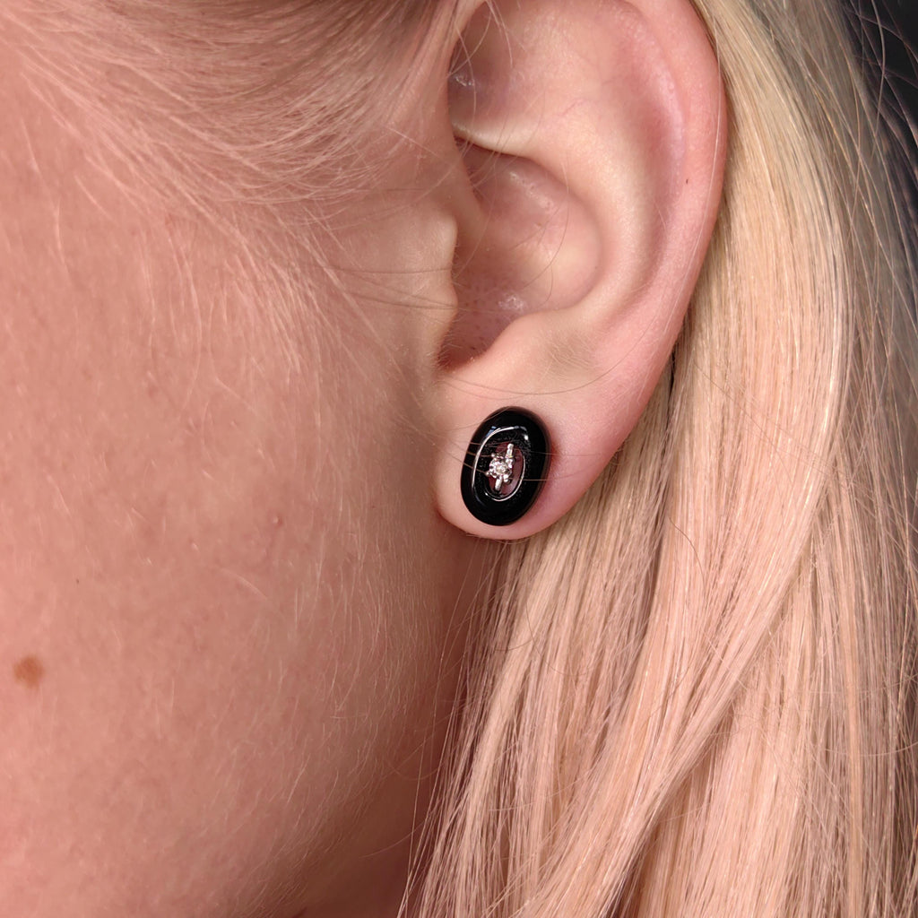 Mid Century Onyx Diamond Solid 8k White Gold Stud Earrings, Minimalist Elegant Black Oval Shaped Earrings, Gift for Her Present