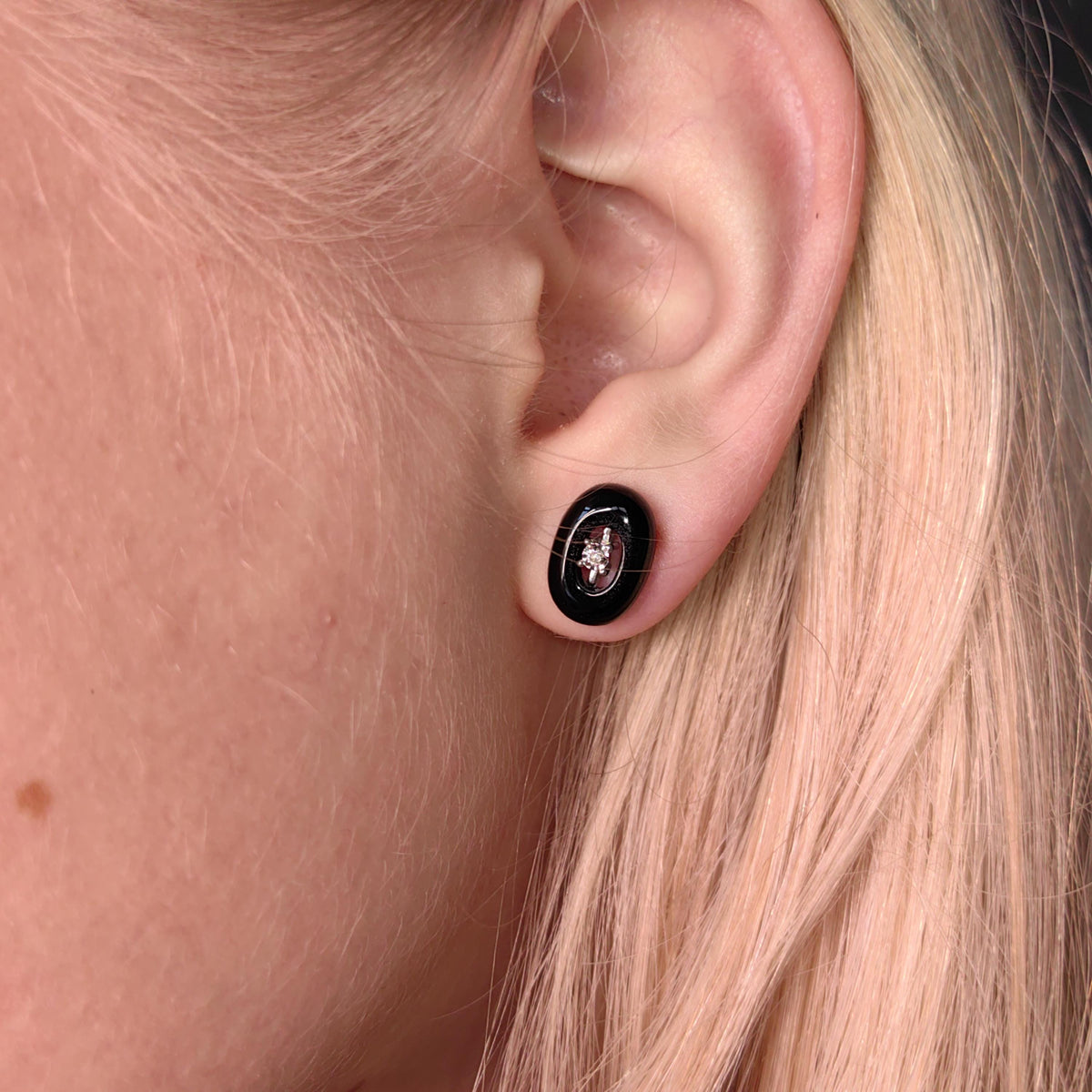 Mid Century Onyx Diamond Solid 8k White Gold Stud Earrings, Minimalist Elegant Black Oval Shaped Earrings, Gift for Her Present