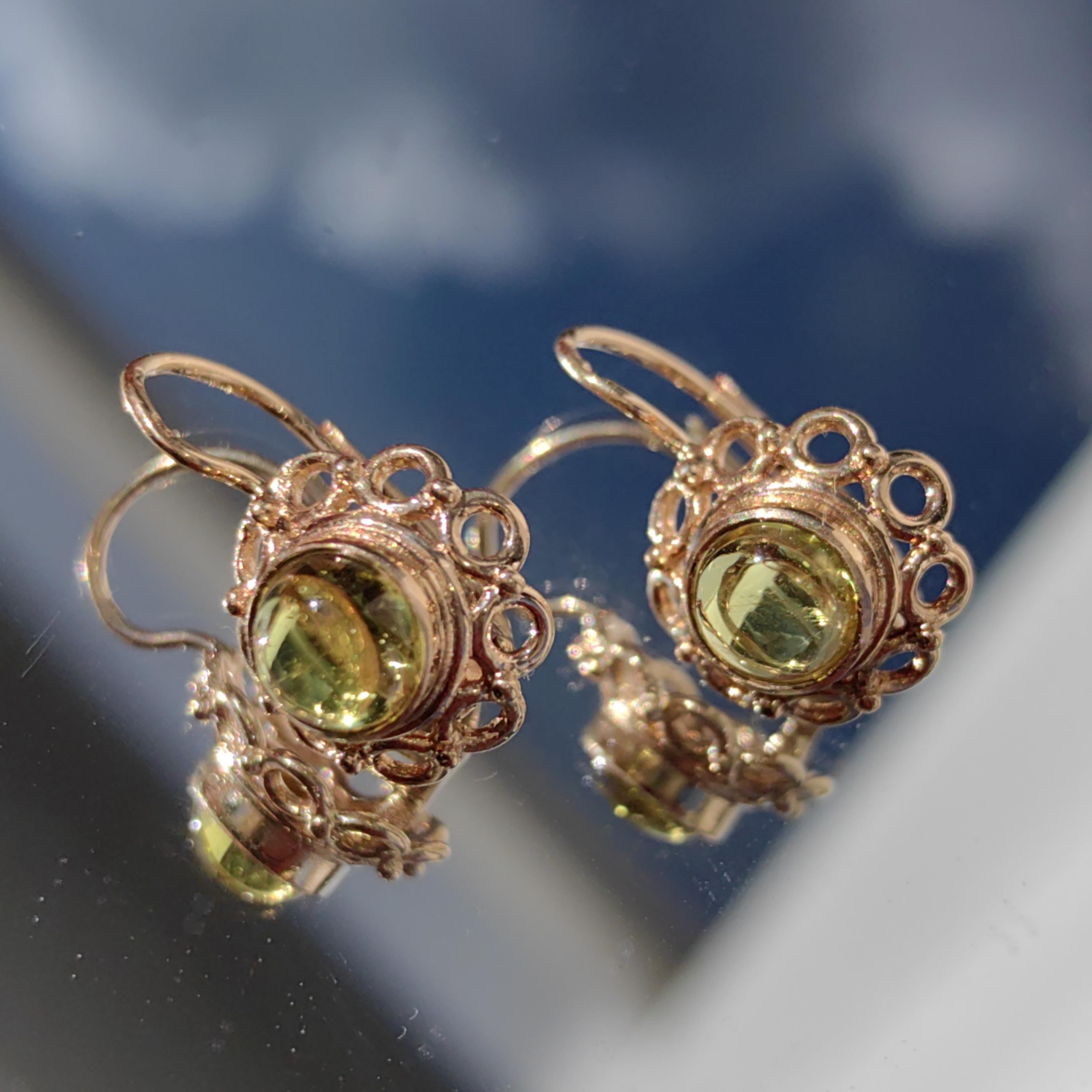 Green 14k Solid Yellow Rose Gold Green Yellow Tourmaline Antique Vintage Floral Flower Elegant Dainty Earrings Vintage 1940s Dormouse Gift