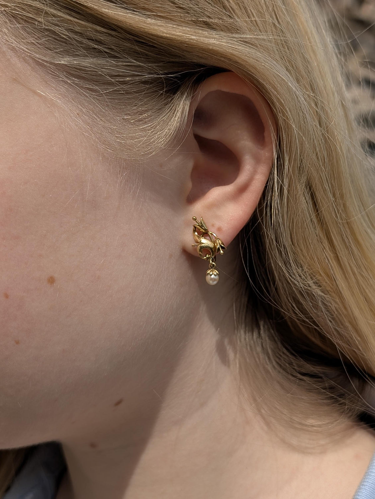 Art Deco 1920s Pearl Yellow Gold Earrings, 18k Gold Dangle Floral Earrings, Antique Vintage Floral Dangle Earrings, Gift for Her