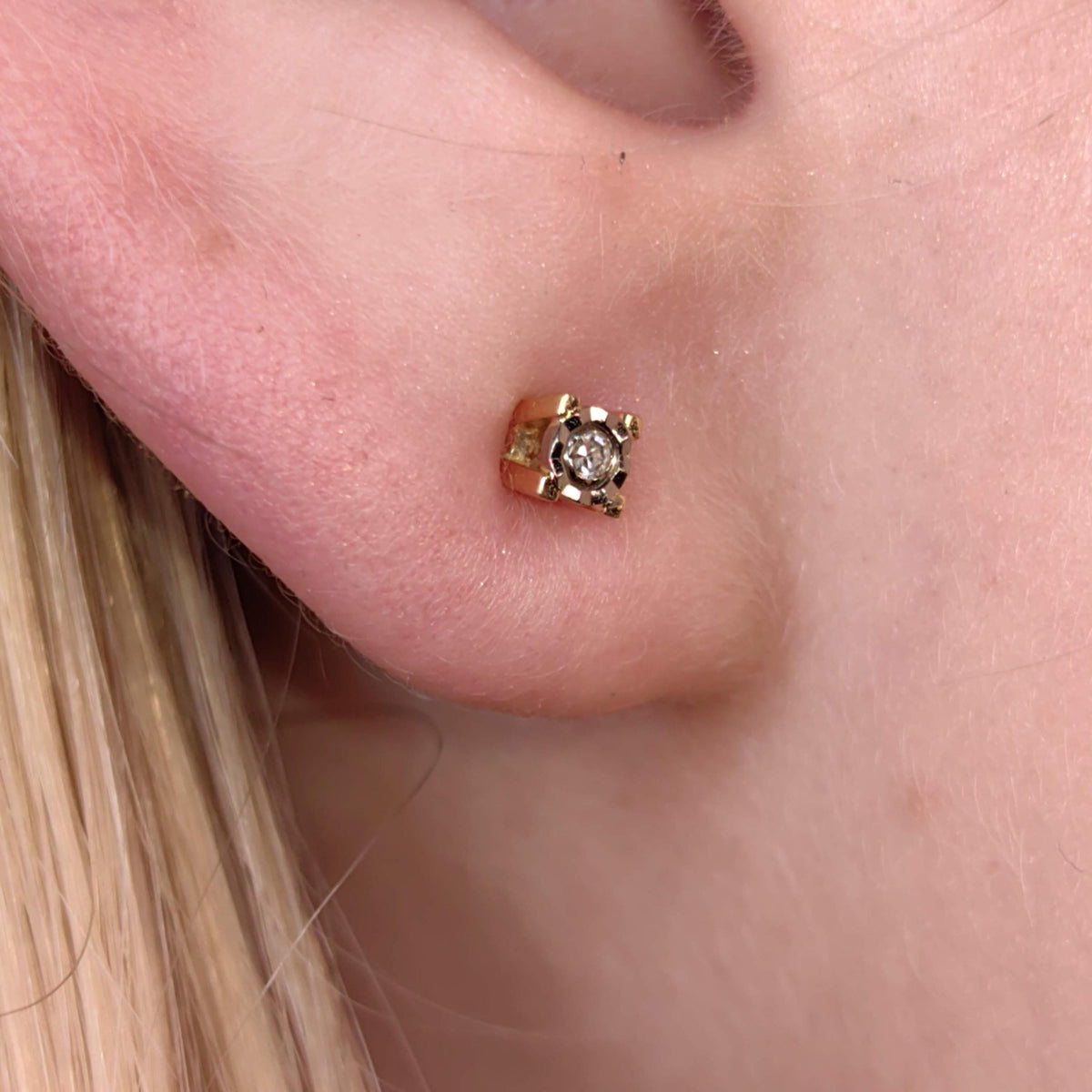 Natural Diamond Stud 18k Hallmarked Solid Yellow Gold 1950s Mid Century Geometric Vintage Earrings Gift for Her Present
