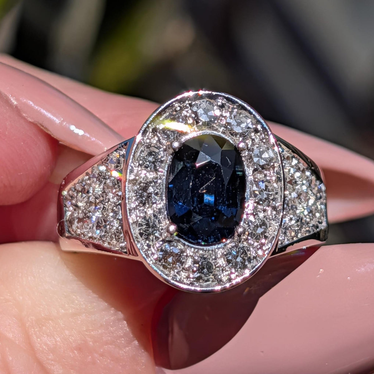 Natural Sapphire Diamond 18k 750 Hallmarked Solid White Gold Mid Century Engagement Ring, Vintage Antique Elegant Ring Gift for Her