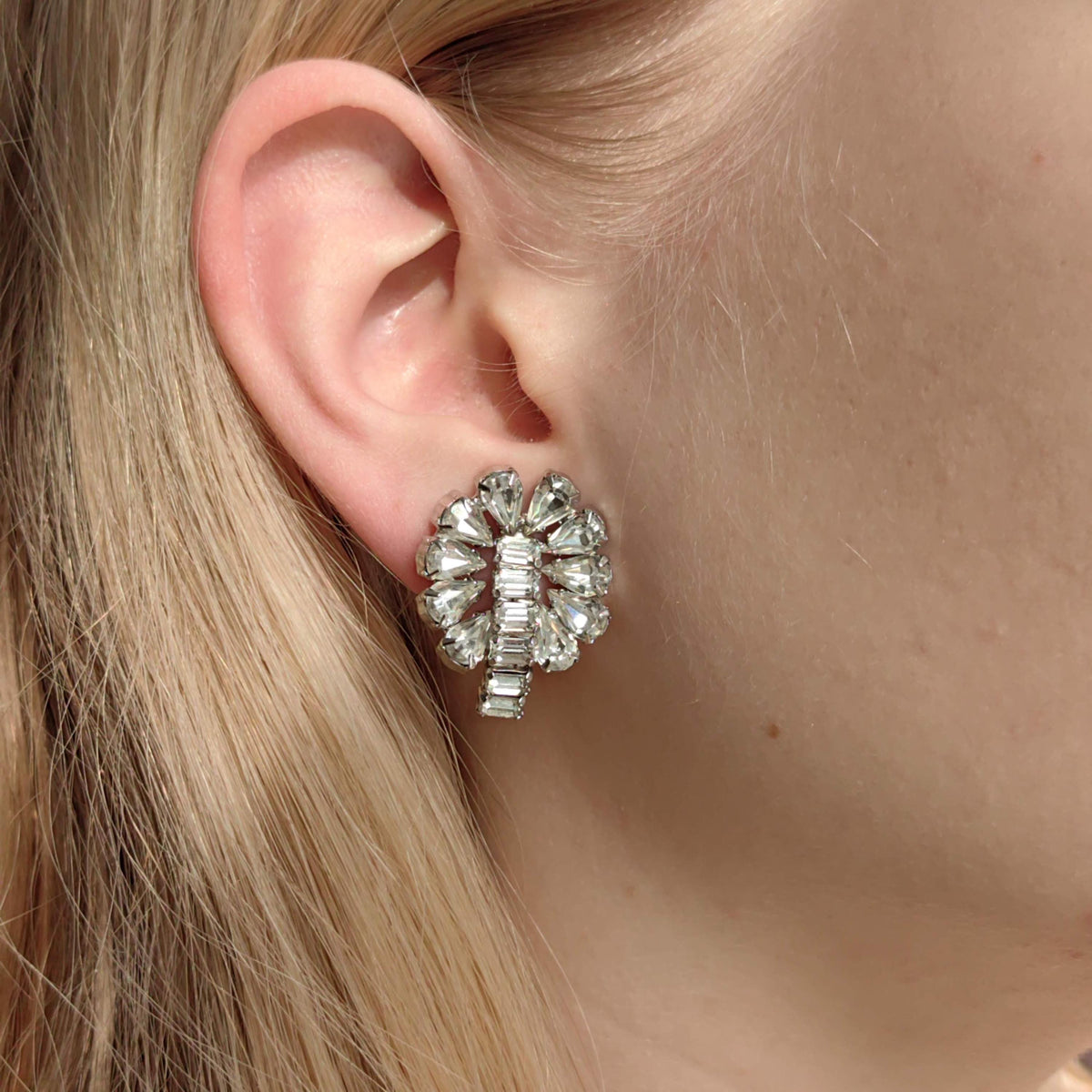 Art Deco Paste Stone Clip-on Earrings: Antique Silver Costume Jewelry