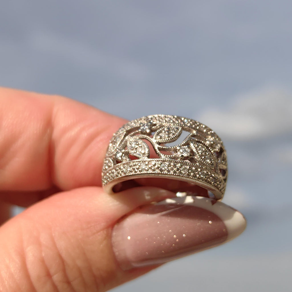 Diamond Floral Wedding Band: 14k White Gold Leaf Filigree Ring